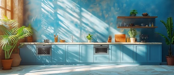Interior of a blue kitchen with an island, white countertops, utensils, appliances and working area. 3D animation. 3D illustration... - obrazy, fototapety, plakaty