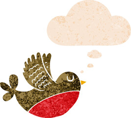 cartoon flying bird and thought bubble in retro textured style