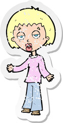 retro distressed sticker of a cartoon tired woman