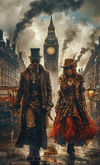 figures in Victorian attire stand amidst a fiery scene, Big Ben in the background - obrazy, fototapety, plakaty