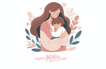 Vector Illustration Of Mother Holding Baby Child In Arms. Happy Mother's Day Greeting Card