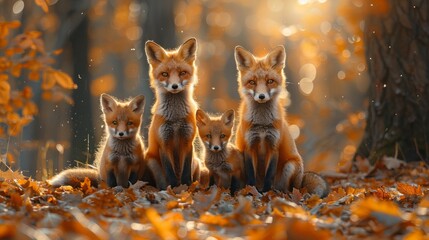 Carnivore family of foxes nestled on leaves in woodland, with kits and fawn - obrazy, fototapety, plakaty