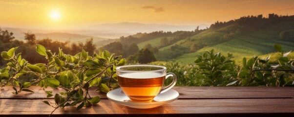 Cup of hot tea and tea leaf on the wooden table with tea plantations background, banner. Generative Ai.