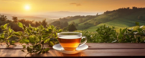 Tuinposter Cup of hot tea and tea leaf on the wooden table with tea plantations background, banner. Generative Ai. © annamaria