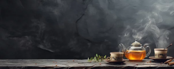 Selbstklebende Fototapeten Cup of hot tea and tea with dark background, banner. Generative Ai. © annamaria