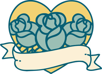tattoo style icon of a heart and banner with flowers