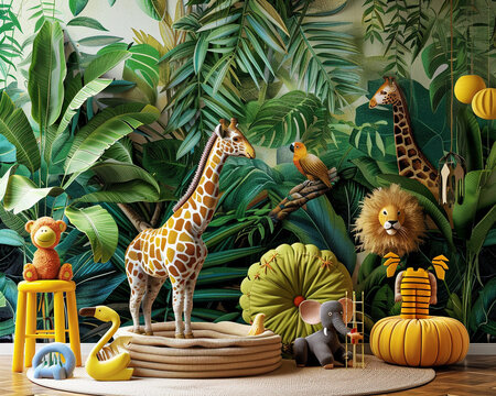 Safari adventure nursery, lively jungle murals and animal figures, vibrant 3D render