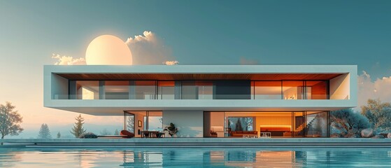 3D rendering of a modern house in Australian style against a blue sky background. Modern house design based on contemporary architecture.
