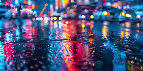 Colorful City Lights Reflecting on Wet Road Background: Rainy Urban Night, Rainy Night in the Big City - Ai Generated