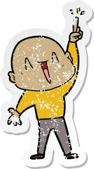 distressed sticker of a happy cartoon bald man with great idea