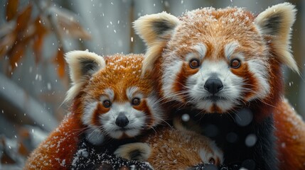 Two red pandas with whiskers and fur sit together in the snowy wildlife