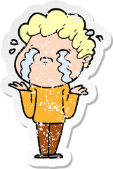 distressed sticker of a cartoon man crying