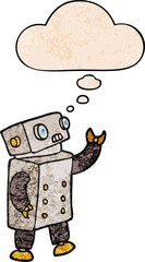 cartoon robot and thought bubble in grunge texture pattern style