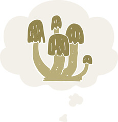cartoon mushrooms and thought bubble in retro style