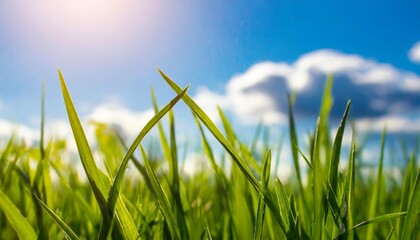 beautiful blurred background green grass under blue skies