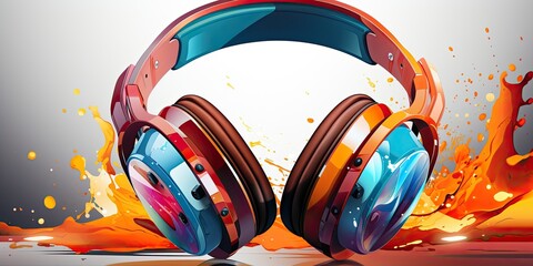 Colorful 3D headphones in splashes of paint logo art illustration. Stylish gaming headphones print on clothes, fabric and paper. Gadget for listening to music.