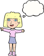 cartoon happy woman pointing with thought bubble
