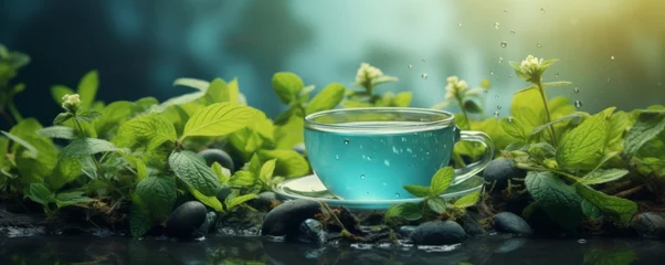 Foto op Plexiglas Cup of hot tea and tea leaves , banner. Generative Ai. © annamaria