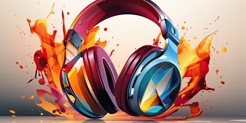 Colorful 3D headphones in splashes of paint logo art illustration. Stylish gaming headphones print on clothes, fabric and paper. Gadget for listening to music. - obrazy, fototapety, plakaty