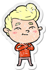 distressed sticker of a happy cartoon man