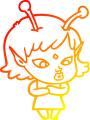 warm gradient line drawing pretty cartoon alien girl