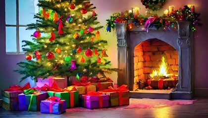 christmas tree with gifts near a fireplace with lights