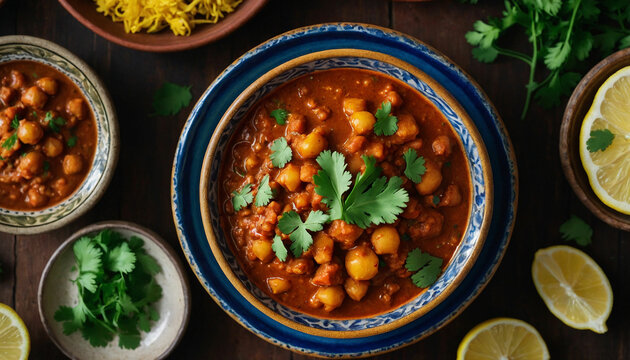 A top down shot of a colorful spread featuring chana masala served in traditional ceramic bowls, surrounded by vibrant cilantro leaves and lemon wedges