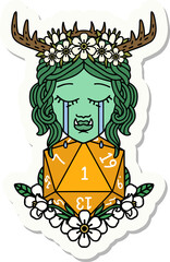 sad half orc druid character with natural one dice roll sticker