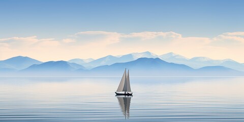A lone sailboat gliding peacefully over the calm ocean waters with a backdrop of distant mountains and a clear sky