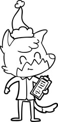 line drawing of a friendly fox manager wearing santa hat