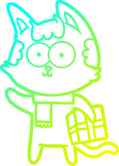 cold gradient line drawing happy cartoon cat with christmas present