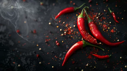 Keuken spatwand met foto Fresh hot red chili pepper on a black background © Mahi