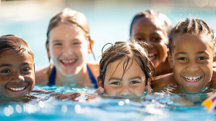 Diverse young children enjoying swimming lessons in pool, learning water safety skills, showing joy and camaraderie, representing a healthy lifestyle.	