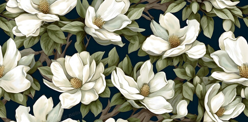Seamless watercolor pattern of white magnolia flowers blooming