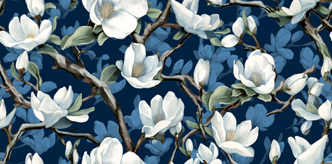 Seamless watercolor pattern of white magnolia flowers blooming
