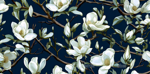 Seamless watercolor pattern of white magnolia flowers blooming