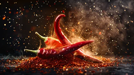 Tuinposter Fresh hot red chili pepper on a black background © Mahi