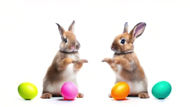 Two playful funny Easter bunnies with colored eggs on white background. Banner, greetings card, website header concept