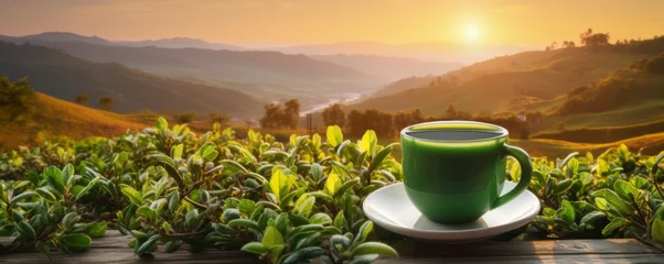 Fototapeten Cup of hot tea and tea leaf on the wooden table with tea plantations background, banner. Generative Ai. © annamaria