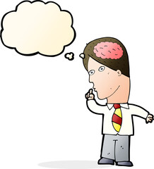 cartoon businessman with huge brain with thought bubble