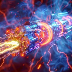 In this digital illustration you will see a futuristic alien weapon boom, a laser blaster effect, a plasmic beam effect, and a bomb explosion made from a raygun. A game or comic book background