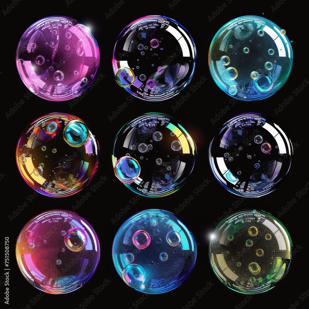 Poster Sprites of burst soap bubbles for games or animations. Set of sequences explode of glossy rainbow bubbles.