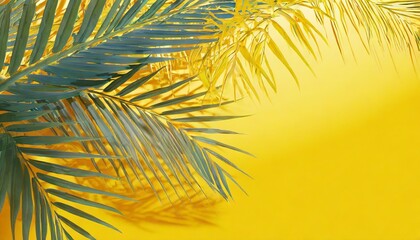 colorful summer background with copy space bright yellow 3d illustration of tropical palm branch