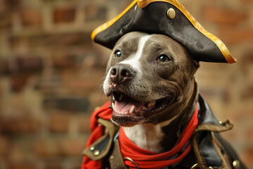 A grinning canine adorned in pirate attire.