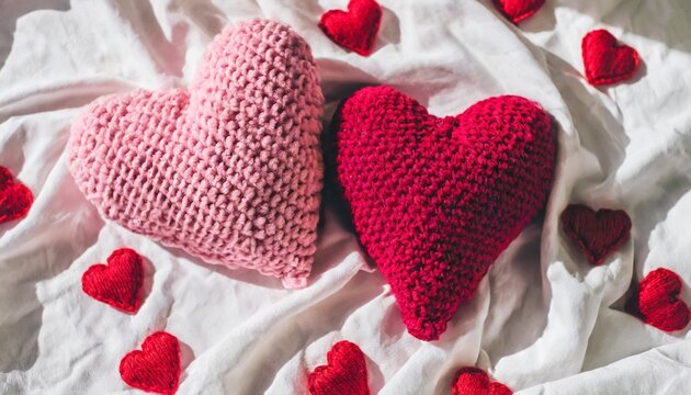 pink red handmade knitted valentine hearts on bed on white sheet minimal lifestyle cozy photo valentine s day romantic love wedding concept top view aesthetic still life creative pattern