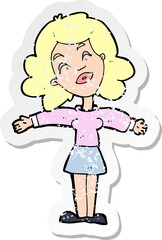 retro distressed sticker of a cartoon woman with open arms