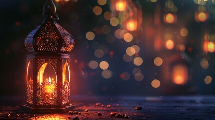 Muslim holy month Ramadan Kareem. Ornamental lantern glowing.