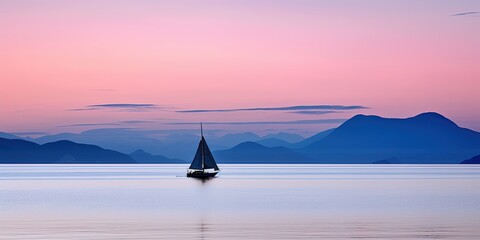 Naklejka premium A solitary sailboat rests on a calm ocean, backdropped by silhouetted islands and a dusk sky