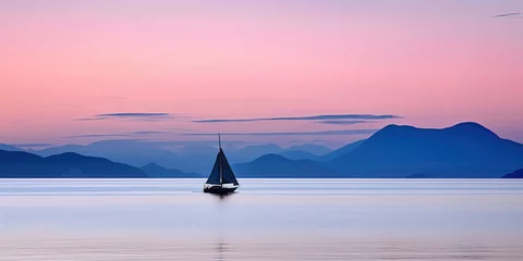 Deurstickers A solitary sailboat rests on a calm ocean, backdropped by silhouetted islands and a dusk sky © Coosh448