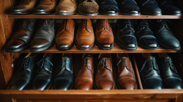 A collection of black and brown leather shoes sits neatly in a drawer